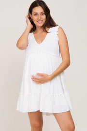 White Sleeveless Smocked Tiered Maternity Dress