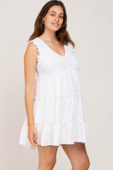 White Sleeveless Smocked Tiered Maternity Dress