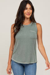 Olive Ribbed Pocket Front Tank Top