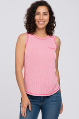 Pink Ribbed Pocket Front Tank Top