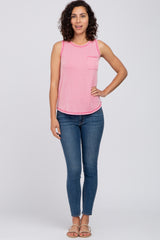 Pink Ribbed Pocket Front Tank Top