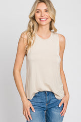 Beige Solid Sleeveless Top