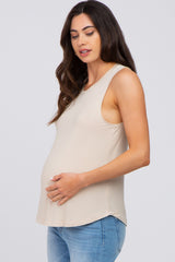 Beige Solid Sleeveless Maternity Top