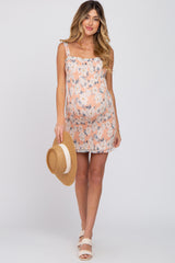 Peach Floral Smocked Maternity Mini Dress