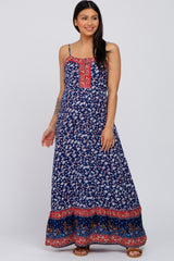 Blue Floral Paisley Edge Button Front Maternity Maxi Dress