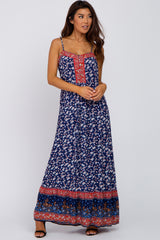 Blue Floral Paisley Edge Button Front Maternity Maxi Dress