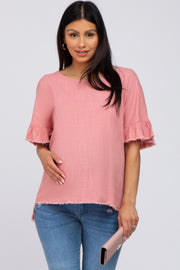 Mauve Linen Fringe Cutout Back Maternity Top