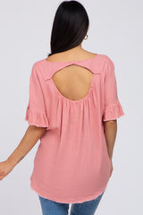 Mauve Linen Fringe Cutout Back Maternity Top