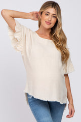 Beige Linen Fringe Cutout Back Maternity Top