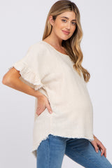 Beige Linen Fringe Cutout Back Maternity Top