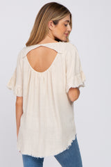 Beige Linen Fringe Cutout Back Maternity Top