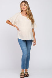 Beige Linen Fringe Cutout Back Maternity Top