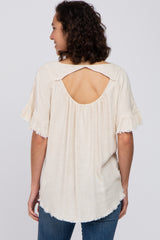 Beige Linen Fringe Cutout Back Top