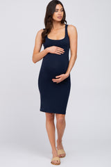 Navy Blue Basic Sleeveless Maternity Fitted Dress