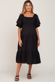 Black Smocked Tiered Maternity Dress