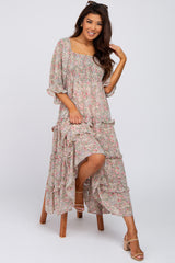 Pink Floral Chiffon Square Neck Smocked Ruffle Tiered Midi Dress