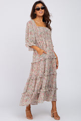 Pink Floral Chiffon Square Neck Smocked Ruffle Tiered Maternity Midi Dress