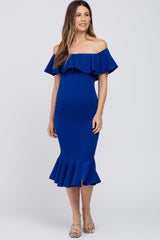 Royal Blue Ruffle Off Shoulder Mermaid Hem Maternity Dress