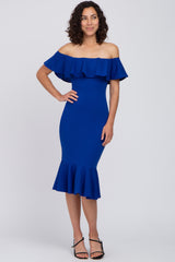 Royal Blue Ruffle Off Shoulder Mermaid Hem Maternity Dress