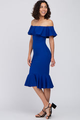 Royal Blue Ruffle Off Shoulder Mermaid Hem Dress