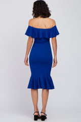 Royal Blue Ruffle Off Shoulder Mermaid Hem Dress