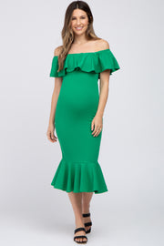 Green Ruffle Off Shoulder Mermaid Hem Maternity Dress