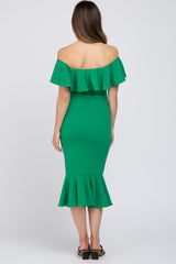 Green Ruffle Off Shoulder Mermaid Hem Maternity Dress