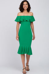 Green Ruffle Off Shoulder Mermaid Hem Dress