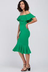 Green Ruffle Off Shoulder Mermaid Hem Dress