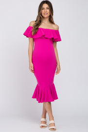 Fuchsia Ruffle Off Shoulder Mermaid Hem Maternity Dress