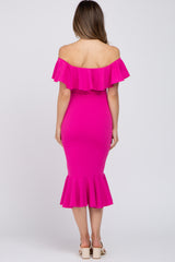 Fuchsia Ruffle Off Shoulder Mermaid Hem Maternity Dress