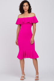 Fuchsia Ruffle Off Shoulder Mermaid Hem Dress