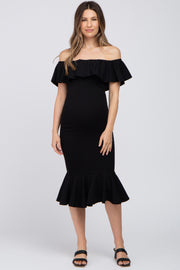 Black Ruffle Off Shoulder Mermaid Hem Maternity Dress