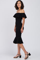 Black Ruffle Off Shoulder Mermaid Hem Dress