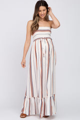 Multi-Color Striped Smocked Strapless Maternity Maxi Dress