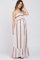 Multi-Color Striped Smocked Strapless Maternity Maxi Dress