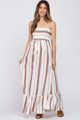 Multi-Color Striped Smocked Strapless Maternity Maxi Dress