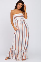 Multi-Color Striped Smocked Strapless Maternity Maxi Dress