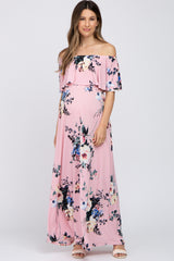 Pink Floral Flounce Off Shoulder Maternity Maxi Dress