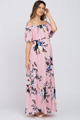 Pink Floral Flounce Off Shoulder Maternity Maxi Dress