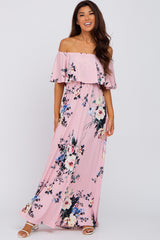 Pink Floral Flounce Off Shoulder Maxi Dress