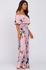 Pink Floral Flounce Off Shoulder Maxi Dress