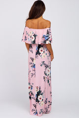 Pink Floral Flounce Off Shoulder Maxi Dress