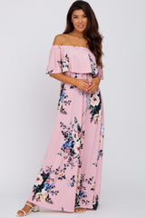 Pink Floral Flounce Off Shoulder Maxi Dress