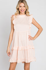 Light Peach Textured Satin Ruffle Accent Dress