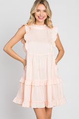 Light Peach Textured Satin Ruffle Accent Dress