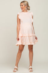 Light Peach Textured Satin Ruffle Accent Maternity Dress