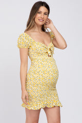 Yellow Floral Knotted Front Smoked Fitted Maternity Mini Dress