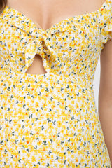 Yellow Floral Knotted Front Smoked Fitted Maternity Mini Dress