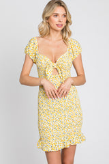 Yellow Floral Knotted Front Smocked Fitted Mini Dress